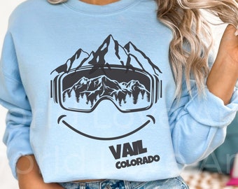 Personalized Ski and Snowboard Sweatshirt, Custom Happy Ski Resort Downhill Skiing Sweater, Ski Goggles Winter, Snowboarding, Apres Ski Tee