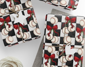 Baseball Wrapping Paper, Sporty Coquette Gift Wrap Roll, Checkered Background and Baseball "Cherries" tied with Red Bows, Ribbons Gift Wrap