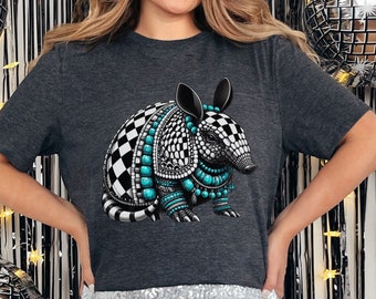 Armadillo Shirt, Boujee Cowgirl T-Shirt, Glam Western Graphic Tee, Checkered Tshirt, Turquoise, Animal Lover Shirts, Black & White, Texas