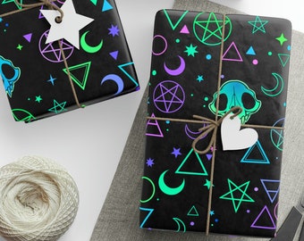 Magic Symbols Wrapping Paper Roll, Gothic Witchcraft Gift Wrap, Matte or Glossy, Skulls, Witchy Whimsigoth, Cat, Occult Birthday Goth