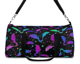 Bats and Stars Duffel Bag, Gothic Dreams Luminous Bats admist colorful Pink Galaxy Purple Green Blue. Hauntingly Witchy and Whimsical, Goth