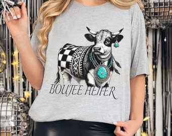 Boujee Cow Shirt, Checkered T-Shirt, Glam Western Graphic Tee, Heifer Tshirt, Turquoise, Animal Lover Shirts, Black and White Checker, Texas