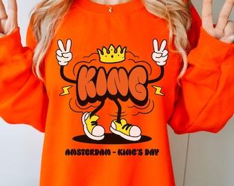 King's Day Sweatshirt, Amsterdam King Cartoon Crown Shirt, Dutch Pride Gift, Holland Orange, Netherlands Koningsdag Party Crewneck, Travel