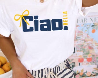 Ciao Bella Graphic T-shirt, Söt italiensk T-shirt, Italia-skjortor, Italien-presenter, Sorrento, Positano, Marinblå Citrongul, Capri Limoncello, Rosett