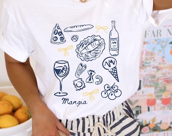 Italy Food Shirt, Mangia T-Shirt with Pizza, Pasta, Gelato, Wine, Spritz, Lemons, Italian Food Tee Gift for Food Lovers & Travelers, Bows