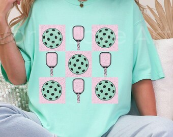 Checkered Pickleball Grid Tee, Sporty Design with Paddles & Balls in Every Square, Players, Doubles, League Play, Pickle Ball Comfort Colors