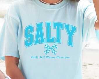 Salty Coquette Beach Shirt, Blue Varsity Letter Tee with Checkered Bow, Girly Coastal Cowgirl Summer Aesthetic T-Shirt, Ocean Comfort Colors