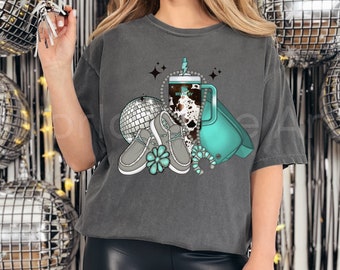 Disco Cowgirl Shirt, Western Glam Boujee Tshirt, Cowhide, Western Graphic Tee, Disco Ball, Bougee Fanny Pack, Turquoise Teal, Comfort Colors