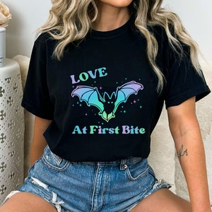 Pastel Bats and Stars T-Shirt, Y2K Goblincore Goth Girl Indie Punk, Gothic Fantasy, Cute Valentine&#39;s Day & Halloween Comfort Colors Shirt