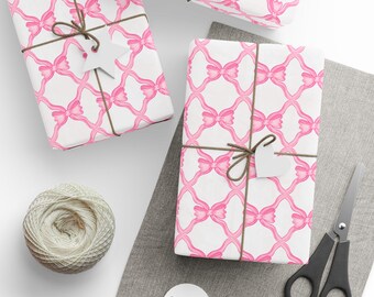 Pink Bow Wrapping Paper Roll, Pink and White Ribbon Gift Wrap, Birthday Gifts, Bridal Shower, Baby Girl, Spring Floral, French Toile de Jouy