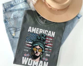 Patriotic American Woman T-Shirt, Pop Art Lady Liberty Tee, USA Flag 1776 Shirt, 4th of July, Red White Blue Graphic Tee, Comfort Colors