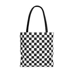 Bolso de mano a cuadros en blanco y negro, bolso facturado, bolso de compras reutilizable, bolso de compras, estampado de bandera de cuadros, retro, década de 1980, carreras de autos de carrera