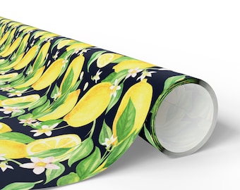 Lemon Wrapping Paper Roll, Citrus Garden Gift Wrap, Amalfi Coast Giftwrap, Yellow Midnight Blue, Watercolor, Summer Fruit Gifts, Blossoms