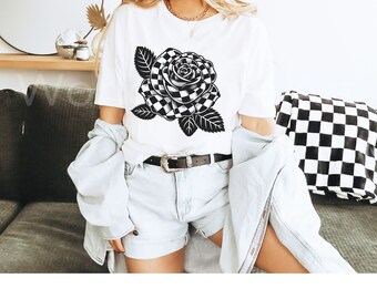 Checkered Flower Shirt, Rose T-shirt, Checker Rose Tshirt Checkered Flower Shirt, Rose T-shirt, Checker Rose Tshirt