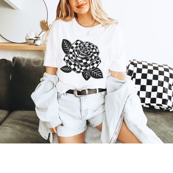 Checkered Flower Shirt, Rose T-shirt, Checker Rose Tshirt
