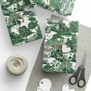 Rotolo di carta da regalo natalizio cineserie, confezione regalo in toile verde e bianco, vacanza natalizia in Cina asiatica, toile de Jouy francese floreale, tradizionale