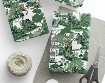 Chinoiserie Garden Wrapping Paper Roll, Green & White Toile Gift Wrap, Asian China Spring Holiday, French Toile de Jouy Floral, Traditional