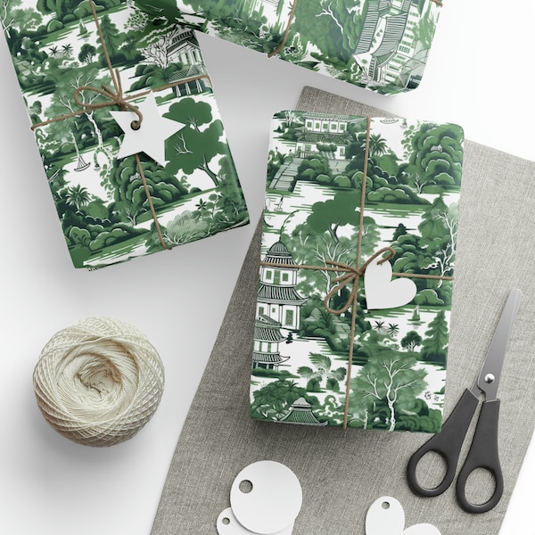 Chinoiserie Christmas Wrapping Paper Roll, Green & White Toile Gift Wrap, Asian China XMAS Holiday, French Toile de Jouy Floral, Traditional