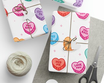 Candy Hearts Wrapping Paper Roll, Valentines Day Gift Wrap, I Love You, XOXO, Be Mine, You Rock, Kiss Me, Valentine&#39;s Gifts, Classroom Vday