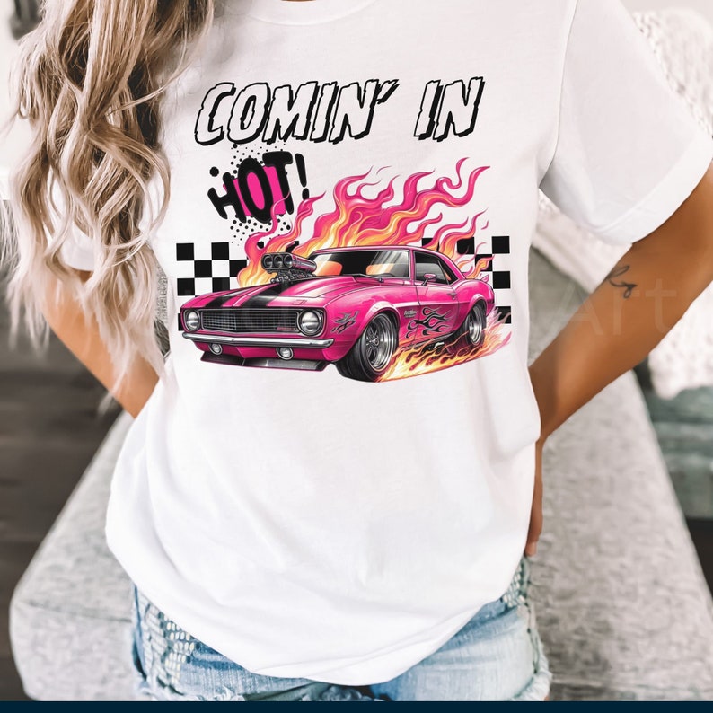 Muskelbilströja, Coming in Hot T-shirt, Racerbilströja, Racingtröja, Rutig flagga-presenter, Amerikansk klassisk vintagepresent, Rutig, Flammor bild 2