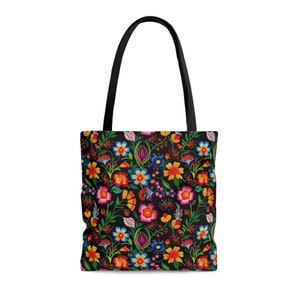 Floral Tote Bag, Mexican Otomi Print Bag, Colorful Flowers, Reusable Shopping Tote/Grocery Bag, Tenango Pattern, Shoulder Tote, Gym Beach