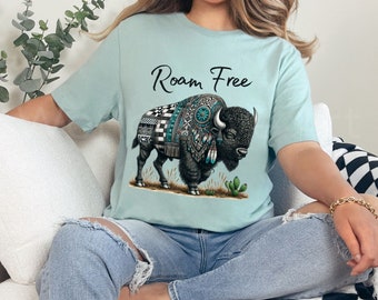 Roam Free Shirt, Buffalo T-Shirt, Bison Glam Western Graphic Tee, Boujee Cowgirl Tshirt, Turquoise, Animal Lover Shirts, Black White Checker