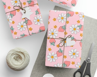 Strawberry Floral Wrapping Paper Roll, Retro Daisy Gift Wrap, Trendy Summer Fruit, Red Pink White, Cute Fruit Birthday, Groovy Wrap
