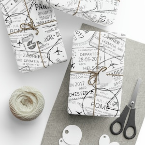Rotolo di carta da regalo per francobolli per passaporti, confezione regalo per viaggi vacanze, bianco e nero, aereo Parigi Francia Roma Italia Madrid Spagna Tokyo Amsterdam