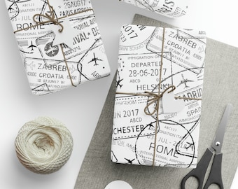 Passport Stamps Wrapping Paper Roll, Vacation Travel Gift Wrap, Black & White, Airplane Paris France Rome Italy Madrid Spain Tokyo Amsterdam