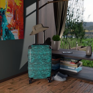 Western Luggage Spinner Wheels, Mexican Turquoise Tooled Leather Saddle Look, Hard Shell Suitcase, Full Rolling, Cabin Weekend Bag, Cowboy