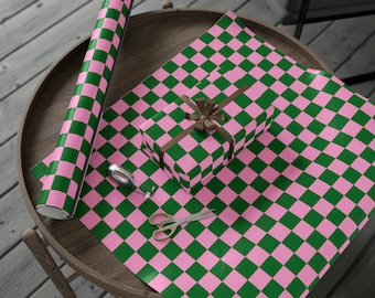 Checkered Wrapping Paper Roll, Carnation Pink Green Check Gift Wrap, Ideal for Female Surfers Skateboarders Car Racers Y2K Vibe, Whimsical