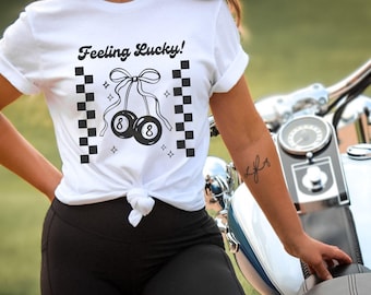 Feeling Lucky T-Shirt, Coquette Cherry 8 Ball Tee, Retro Las Vegas Shirt, Cute Checkered,  Gambling Girl Aesthetic Black Bow Ribbon, Edgy