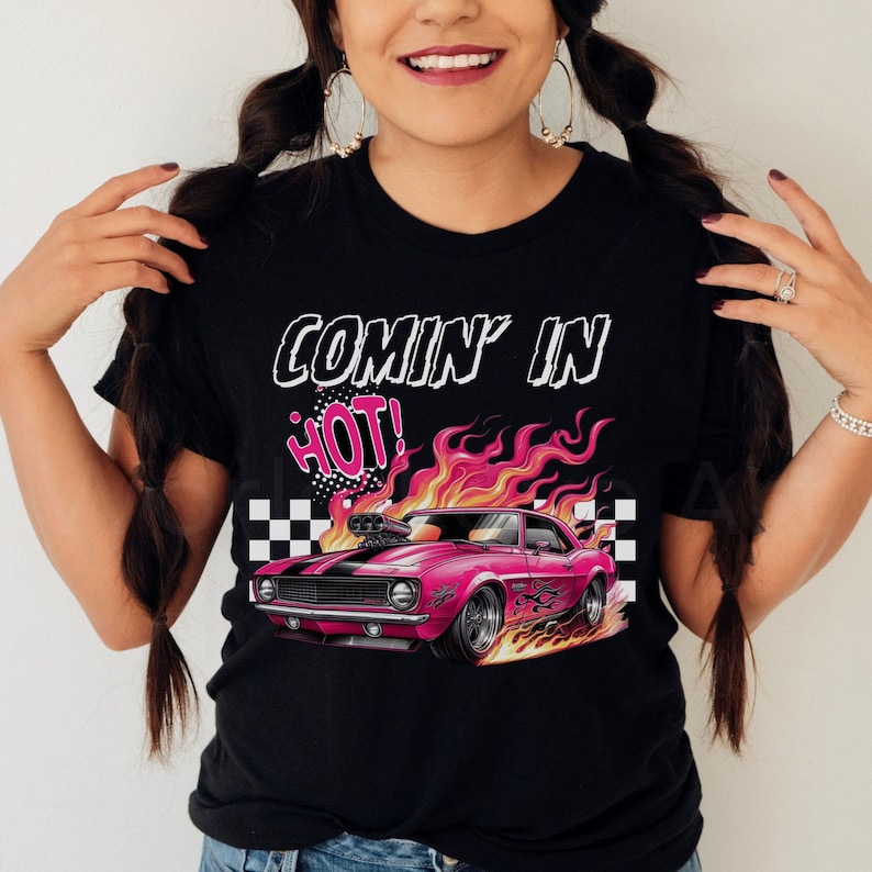 Muskelbilströja, Coming in Hot T-shirt, Racerbilströja, Racingtröja, Rutig flagga-presenter, Amerikansk klassisk vintagepresent, Rutig, Flammor bild 7