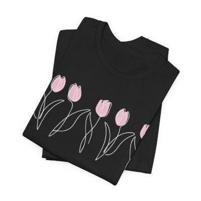 Tulip Shirt, Botanical Flower Floral Gardening Tee, Tulip Gardens Wildflower Spring, One Line Drawn Tulip Artwork on Pink, Keukenhof Holland