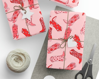 Western Cowgirl Boots Wrapping Paper Roll, Retro Cow girl Gift Wrap, Trendy Valentine, Cowboy Boots, Groovy Mirror Ball Trendy Happy Faces