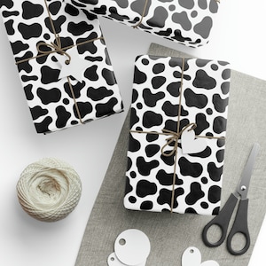 Rotolo di carta da regalo con stampa di mucca, bianco e nero, confezione regalo con animali da cortile Moo, compleanno, festa del papà, cowboy, cowgirl, festa western
