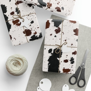 Rotolo di carta da imballaggio occidentale in pelle bovina, pelle bovina nera marrone e bianca, perfetto per feste da cowgirl da cowboy, rodei e feste di frontiera, Chic