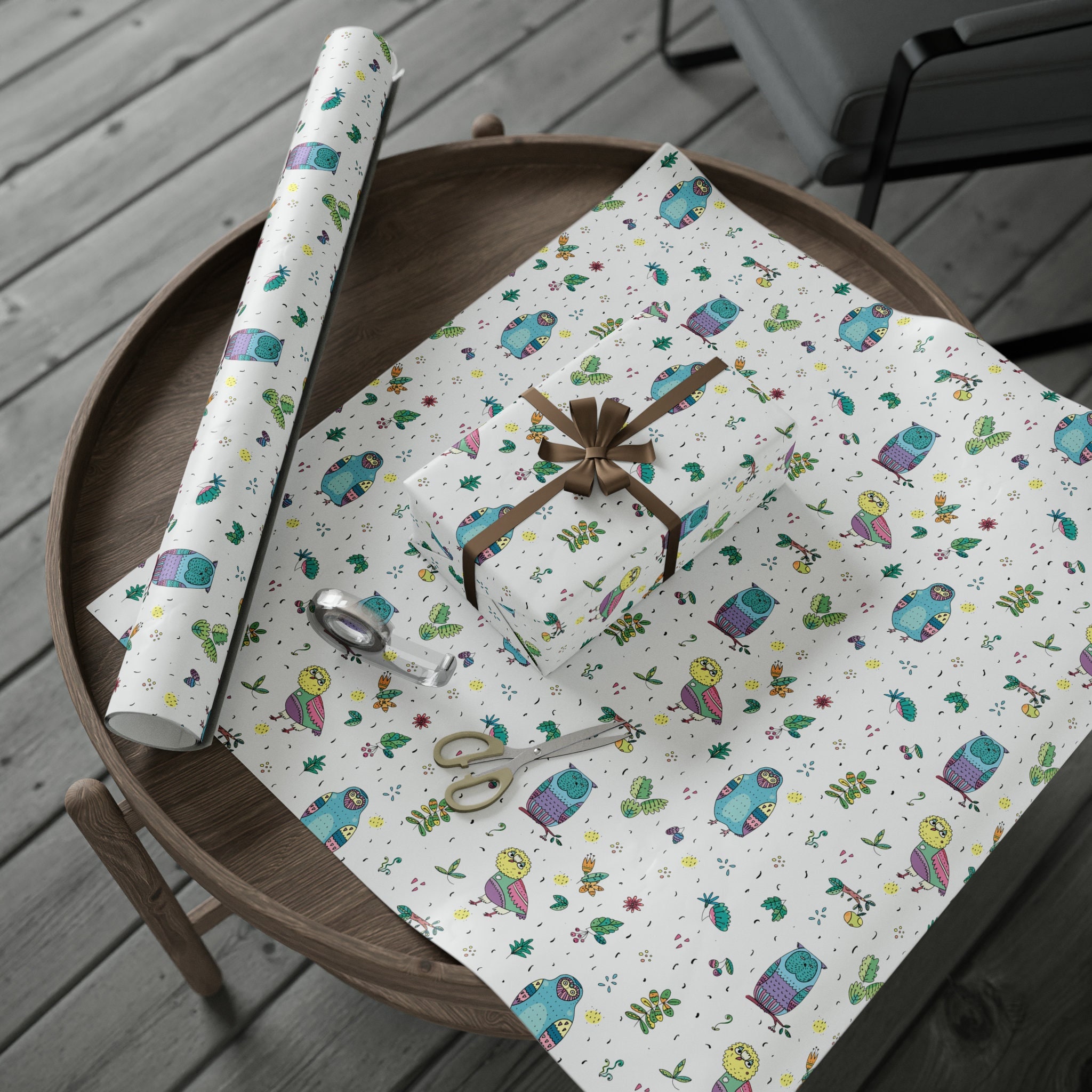 Owl Wrapping Paper Roll, Happy Cute Owls Gift Wrap, Owl Lover Gifts for Birthday, Christmas, Childre