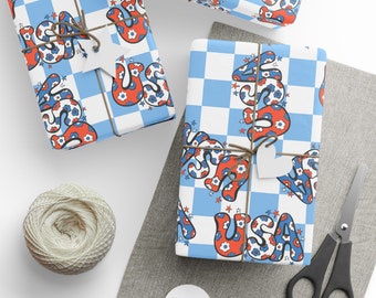 USA Wrapping Paper Roll, Retro Red White Blue Gift Wrap, Independence Day, 4th of July, Checkered Pattern, Memorial Day, Labor Day