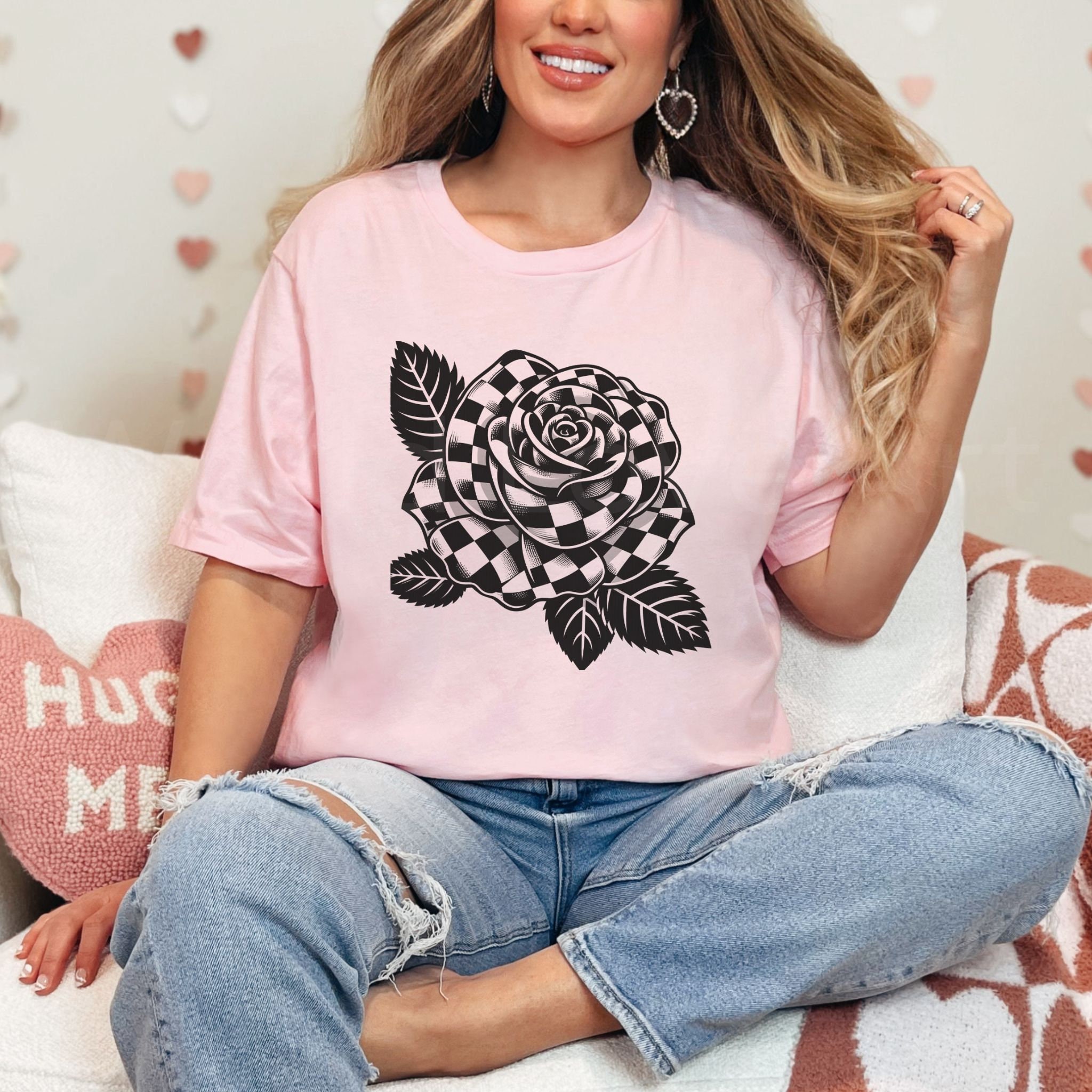 Checkered Flower Shirt, Rose T-shirt, Checker Rose Tshirt Checkered Flower Shirt, Rose T-shirt, Checker Rose Tshirt