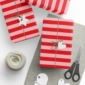 Pink and Red Striped Wrapping Paper Roll, Awning Stripe Gift Wrap, Matte or Glossy Stripes, Christmas, Valentine&#39;s Day, Galentine&#39;s Party