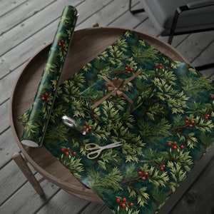 Carta da regalo natalizia con bacche di agrifoglio rosso e verde, confezione regalo ispirata a William Morris, colori tradizionali rosso e verde, opaca o lucida