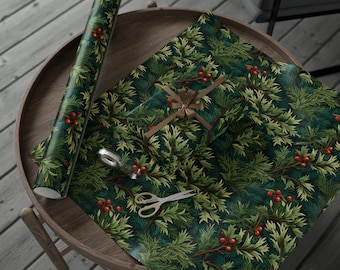 Red Holly Berry and Greenery Christmas Wrapping Paper, William Morris Inspired Gift Wrap, Traditional Red and Green Colors, Matte or Glossy