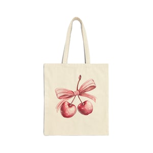Coquette Cherries Tote Bag, Pink Bow Cherry Reusable Bag, Soft Girl Era Aesthetic, Canvas Tote, Trendy Spring Summer, Fruit Lover, Girly