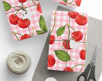 Cherry Wrapping Paper Roll, Cherries Gift Wrap, Pink Gingham, Sweet Stone Fruit Giftwrap, Birthday Gifts, Summer BBQ's, Festivals, Parades