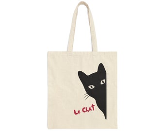 Sac fourre-tout en toile de coton chat français, Meow Kitten Le Chat, poignées de 20 pouces, Minimilastic Fun Sophisticated, Paris France, Feline Purr Black Cat