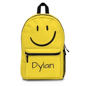 Personalized Happy Face Backpack, Back to School, Travel Bag, Interior Laptop or Tablet Sleeve, Bright Yellow Retro Happy Face, Custom