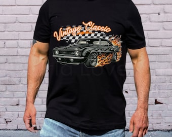 Camisa Muscle Car, camiseta de Race Car, camiseta de carreras, regalos de bandera a cuadros, regalo clásico americano, camiseta de fiesta vintage, a cuadros, llamas, neón