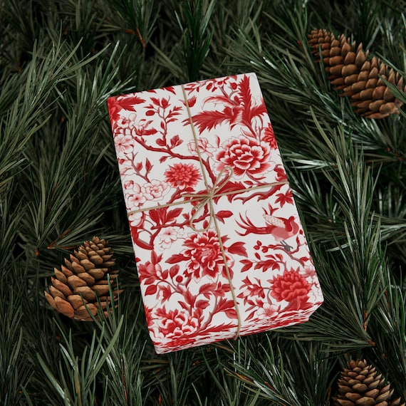 Chinoiserie Christmas Wrapping Paper Roll, Red and White Toile Gift Wrap,  Asian China XMAS Holiday, French Toile De Jouy Floral, Traditional 