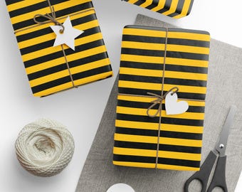 Bumble Bee Stripe Wrapping Paper Roll, Honeycomb Gift Wrap, Yellow and Black Striped Giftwrap, Spring, Garden Lovers, Queen Birthday, Honey